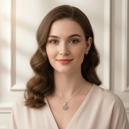 Oxidized Sterling Silver Pendent Set With Chain For Women (92.5 Sterling Silver)