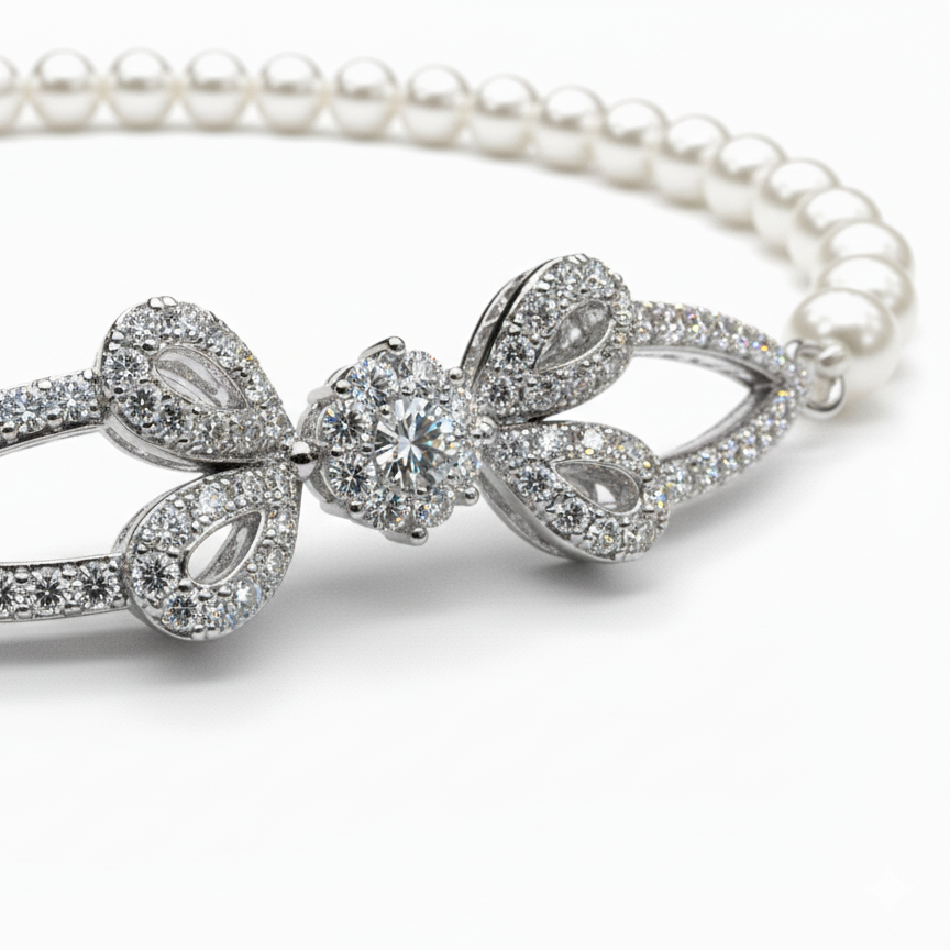 Diamond Ribbon Pearl Sterling Silver Bracelet for Women
