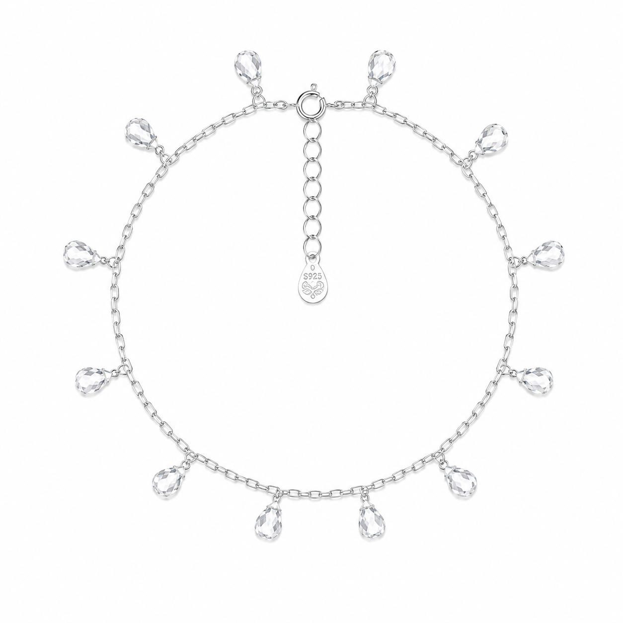 925 Sterling Silver Teardrop Crystal Charm Anklet