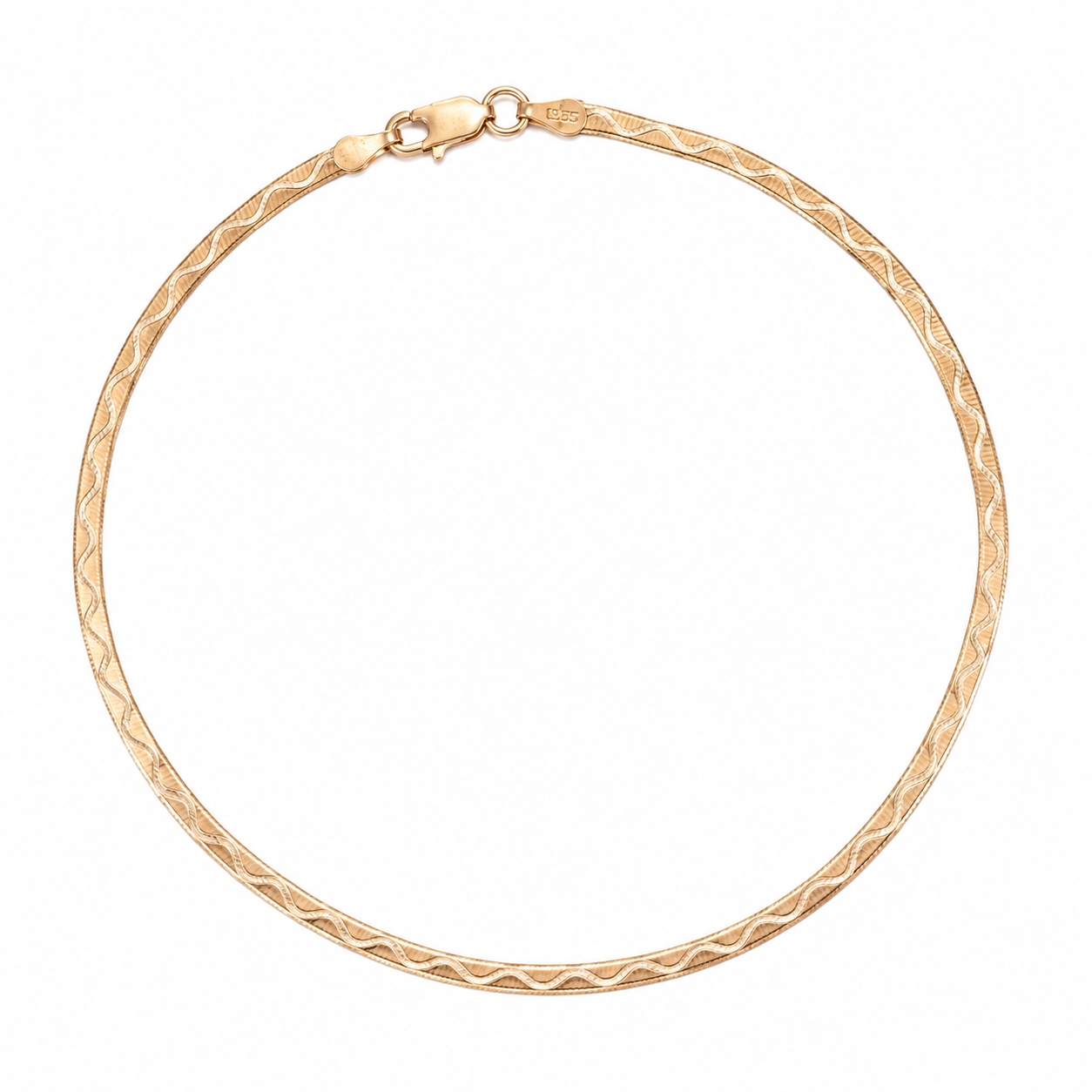 Flat Gold Herringbone Chain Anklet with Textured Wave Design