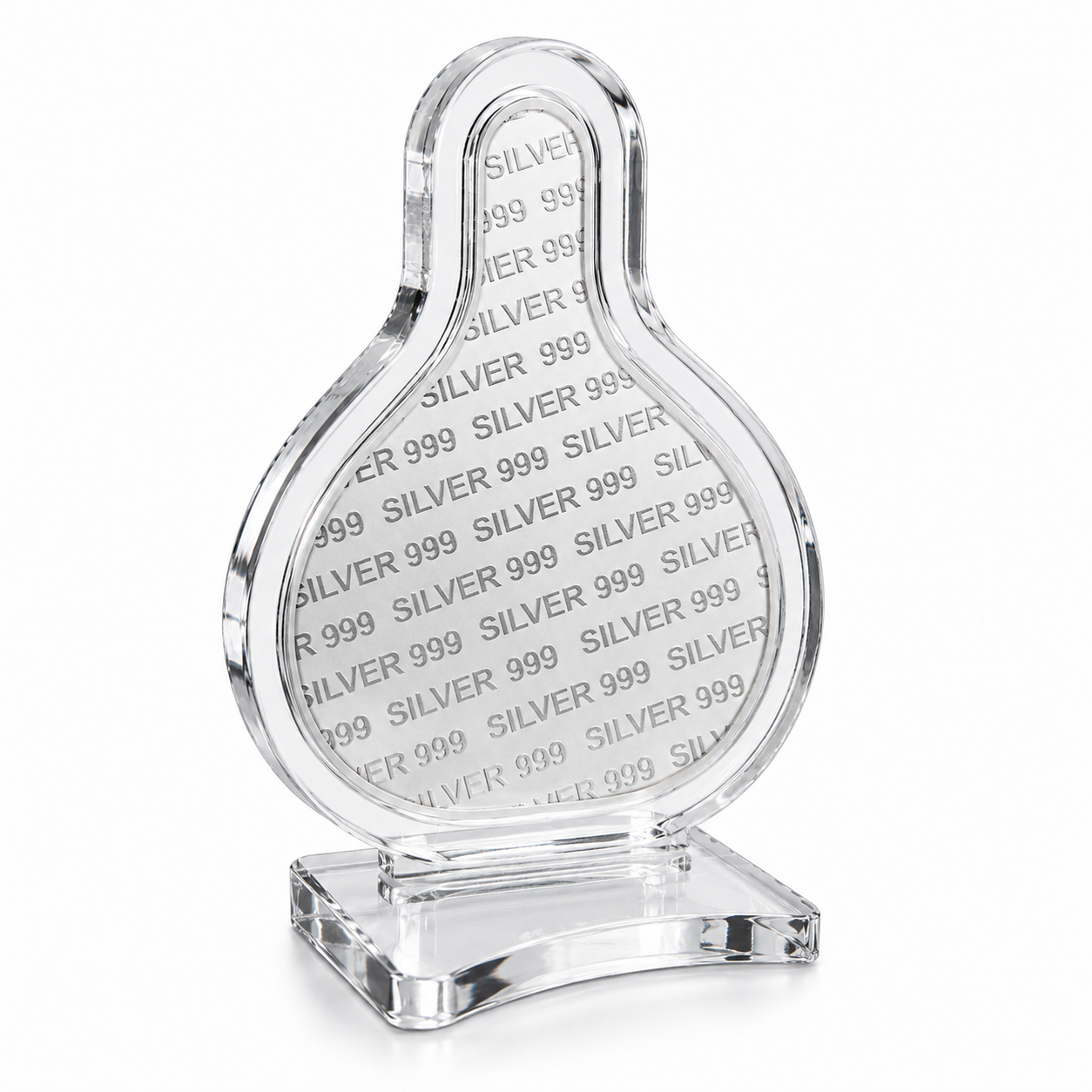 Clear crystal object with 'SILVER 999' text on a white background