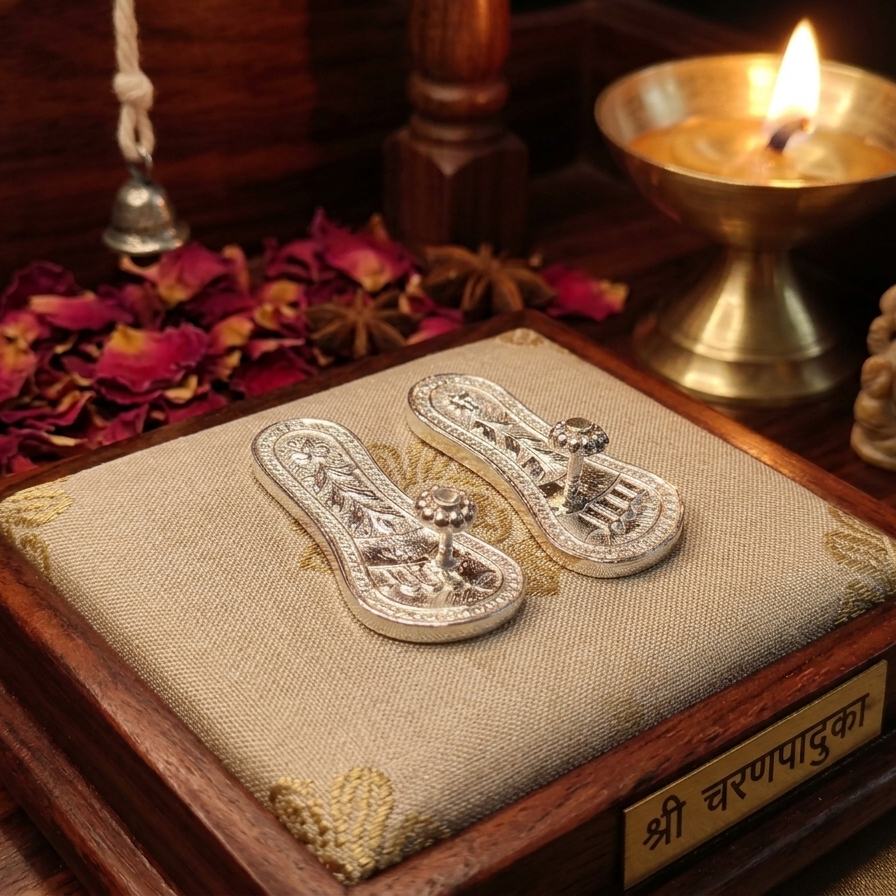 Decorative silver sandals on a fabric-covered wooden platform with a lit candle and bell in the background.