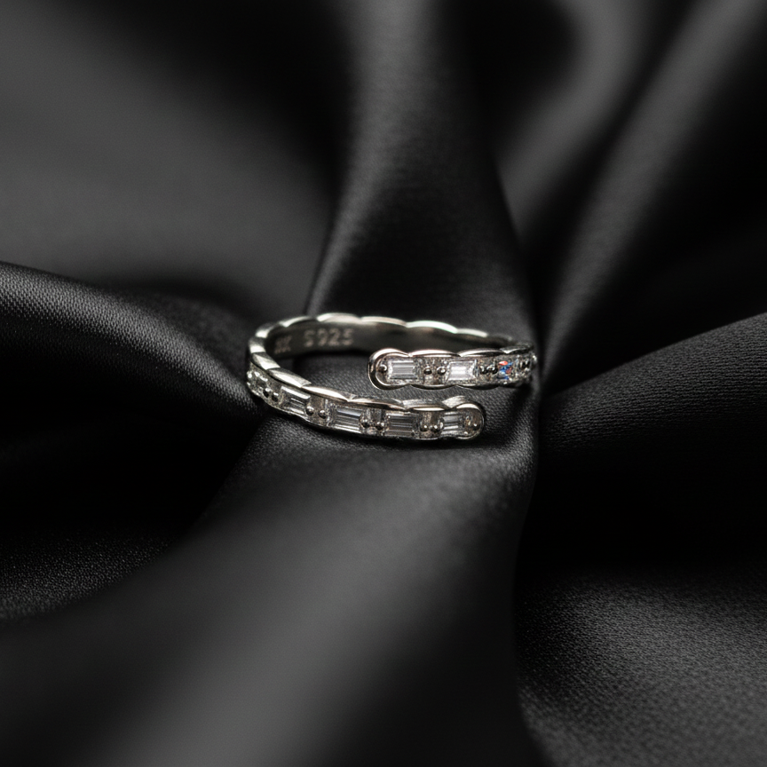 Rivansh star solitaire ring in pure 925 silver featuring a polished twisted rope band setting on black silk cloth