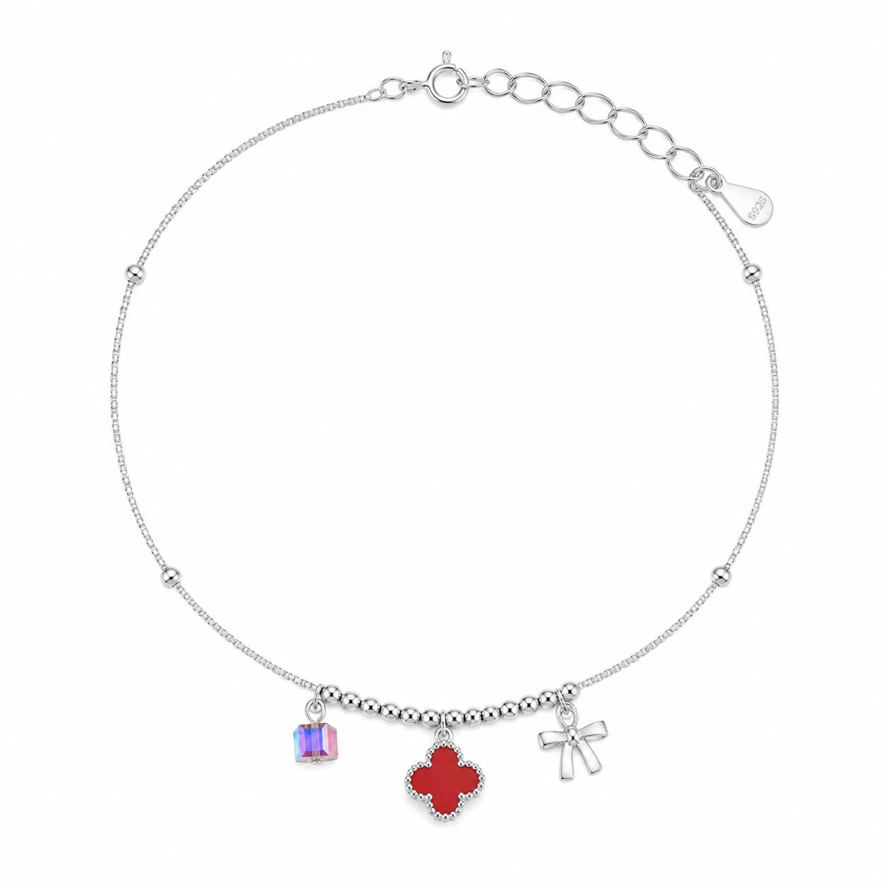 Silver anklet with charms on a white background