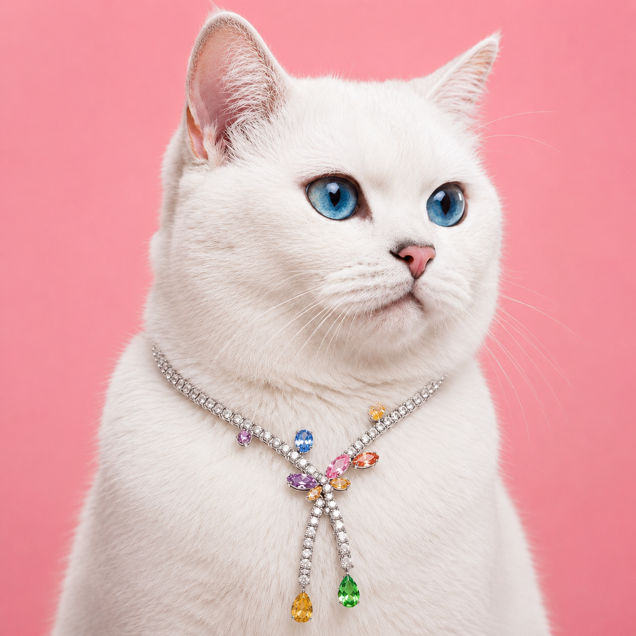 White cat with blue eyes wearing a colorful necklace on a pink background
