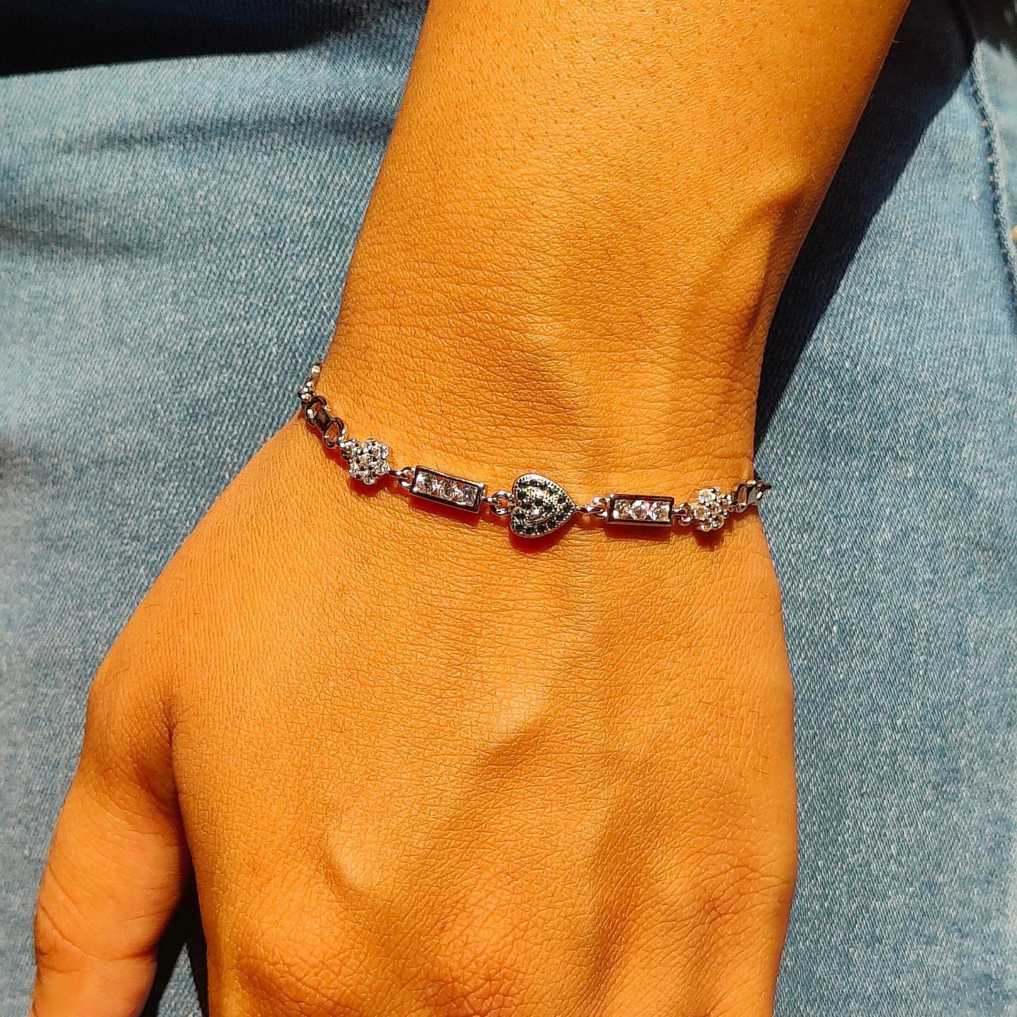 Green Heart Silver Bracelet for Her