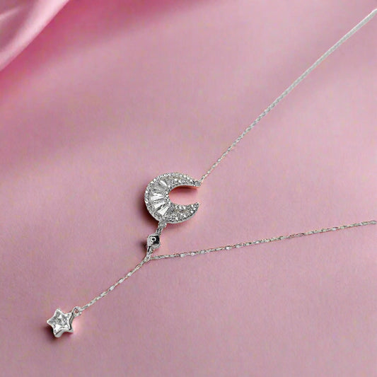 Moon and Star Neckpiece Sterling Silver for Women | Rivansh Jewels | 925 Sterling Silver Jewelry Store | Rivansh.co | Luxury Sterling Silver Jewellery Online