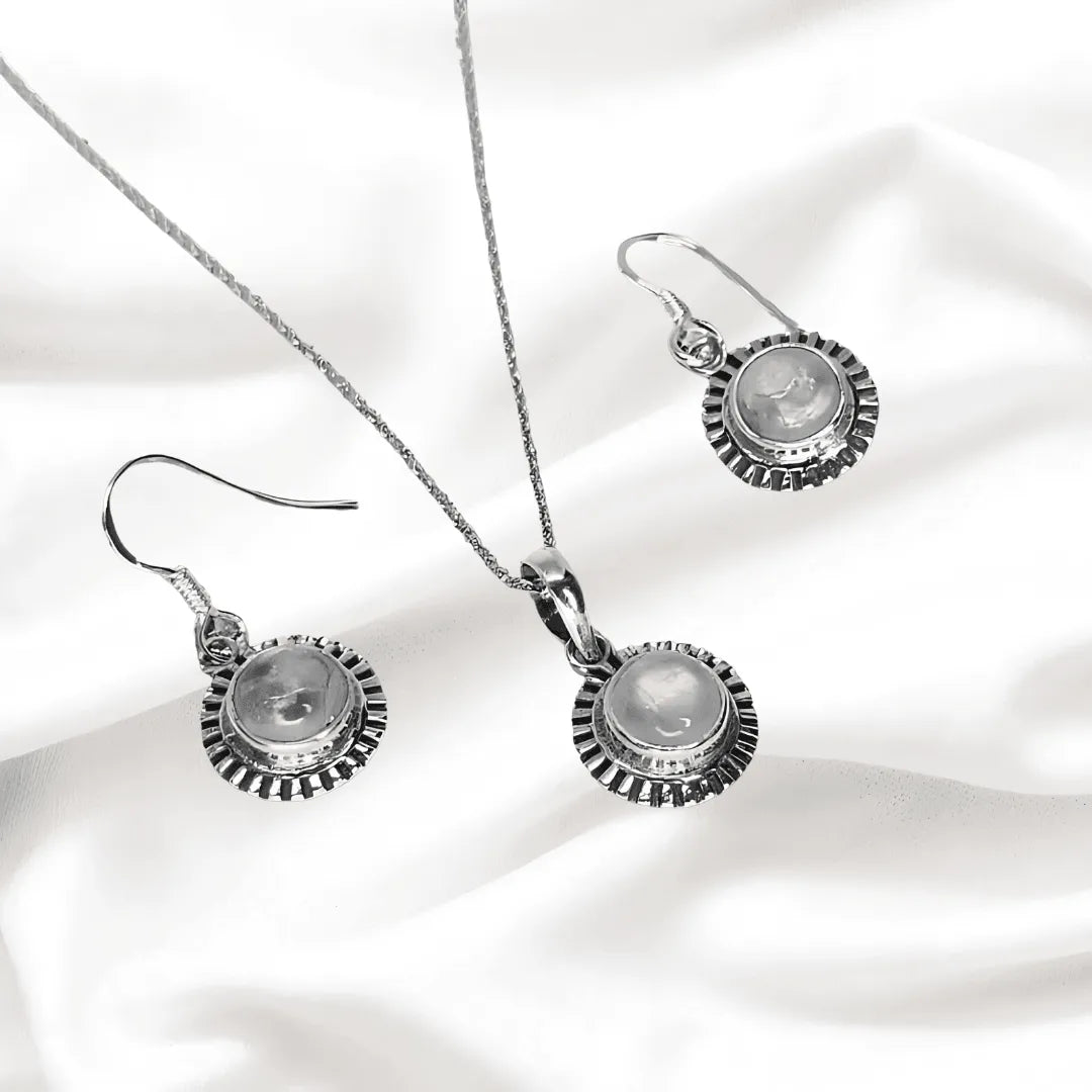 White Stone Sunflower Sterling Silver Pendant Set with Chain for Women