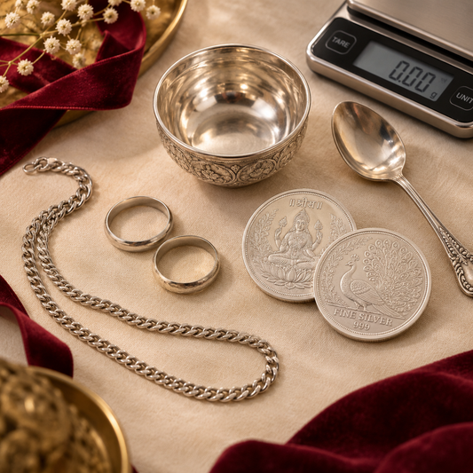 Assorted silver jewellery, coins, and utensils prepared for valuation by Rivansh in Chandigarh, Panchkula, and Mohali.
