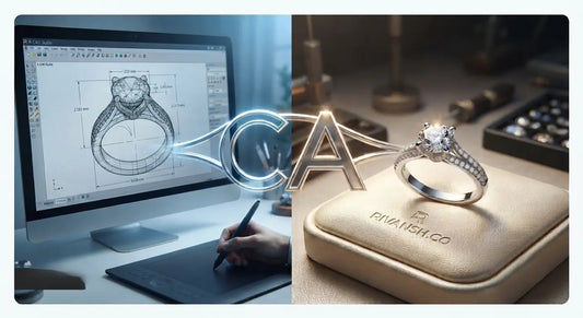 Computer-aided design (CAD) software displaying a 3D ring wireframe model transitioning into a finished luxury diamond ring by Rivansh.