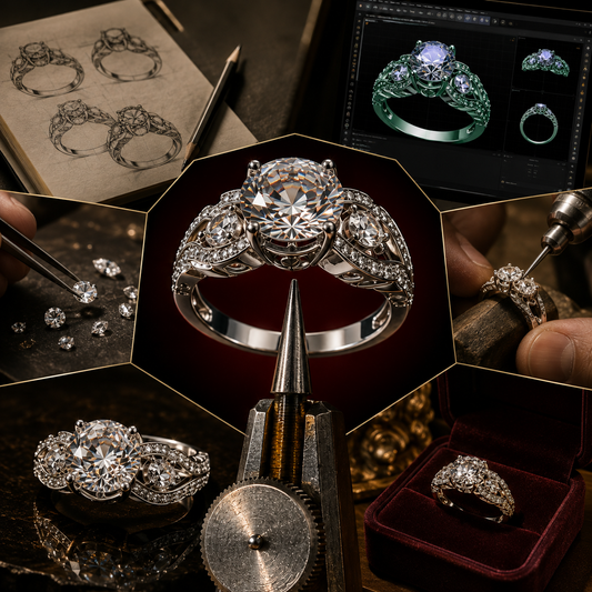 The Rivansh custom jewellery design process, featuring a collage of pencil sketches, 3D CAD modeling, diamond selection, hand-crafting, and the final bespoke diamond ring