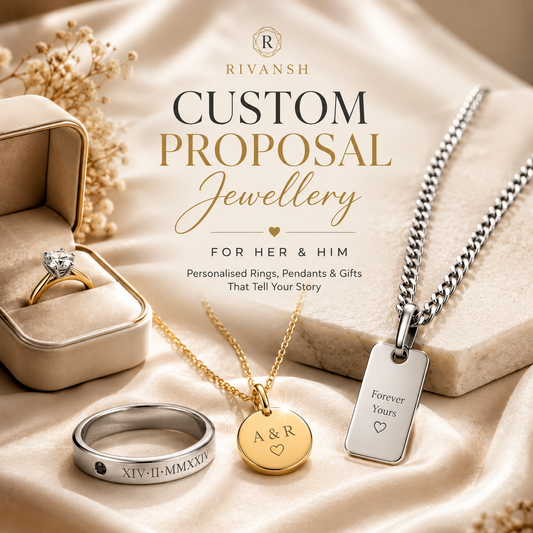 Custom proposal jewellery for her and him featuring personalised rings and pendants