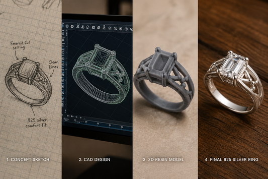 The step-by-step evolution of a custom jewelry design from a simple hand drawing to a 3D CAD layout and finished silver ring