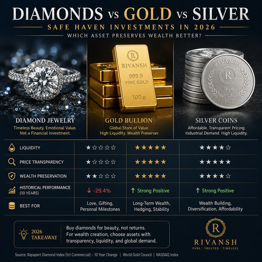 Comparison of diamond jewelry, gold bullion bars, and silver coins representing safe haven investments in 2026
