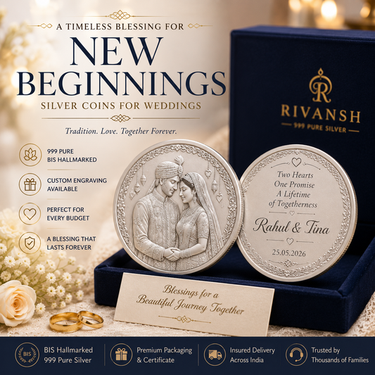 Luxury personalized 999 pure silver wedding coins featuring an engraved bride and groom portrait with custom names Rahul & Tina, displayed in premium velvet packaging with elegant Indian wedding styling