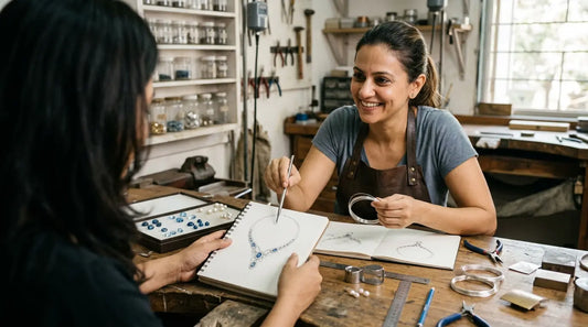 A customer reviewing hand-drawn jewellery sketches and gemstone options with an artisan jeweller in a workshop.