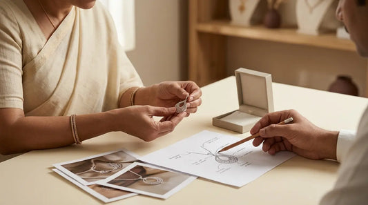An elegant Indian woman holding a delicate silver pendant while reviewing a hand-drawn jewellery sketch during a custom design consultation.