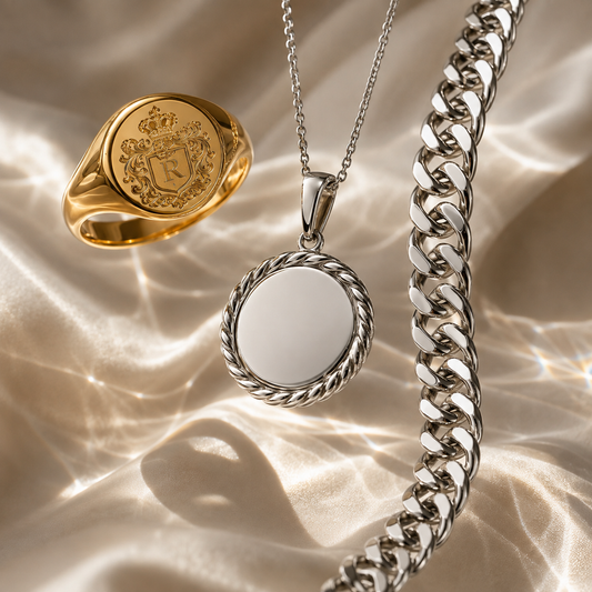 A collection of custom plated jewelry levitating over luminous cream silk, featuring a gold-plated signet ring engraved with an R crest, a round silver-plated pendant, and a thick rhodium-plated Cuban chain.
