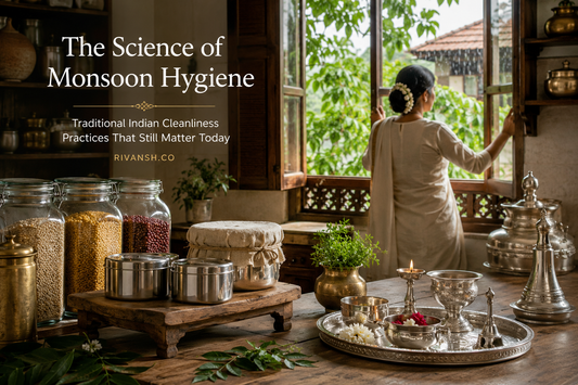 Traditional Indian kitchen with silver utensils and monsoon hygiene setup