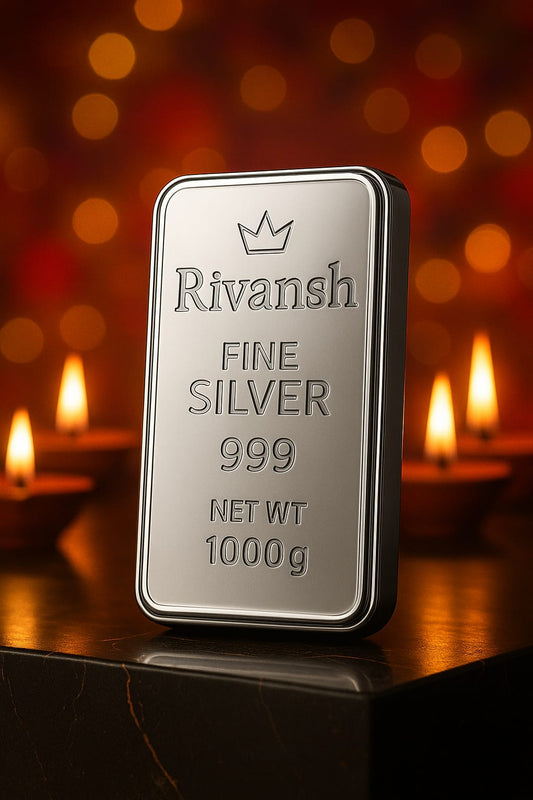 Rivansh 999 pure silver bar placed against a festive Diwali background with diyas and rangoli.