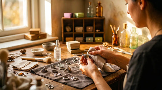 Hands gently polishing a silver pendant with a soft microfibre cloth on a wooden workbench surrounded by sterling silver rings and jewelry cleaning accessories