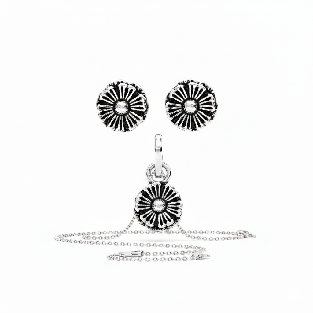Oxidized Silver Flower Pendent Set With Chain For Women (92.5 Sterling Silver)