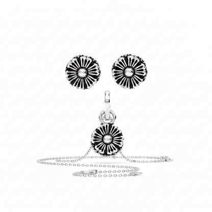 Oxidized Silver Flower Pendent Set With Chain For Women (92.5 Sterling Silver)