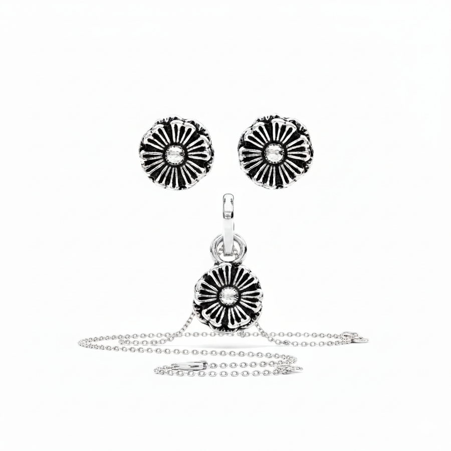 Oxidized Silver Flower Pendent Set With Chain For Women (92.5 Sterling Silver)