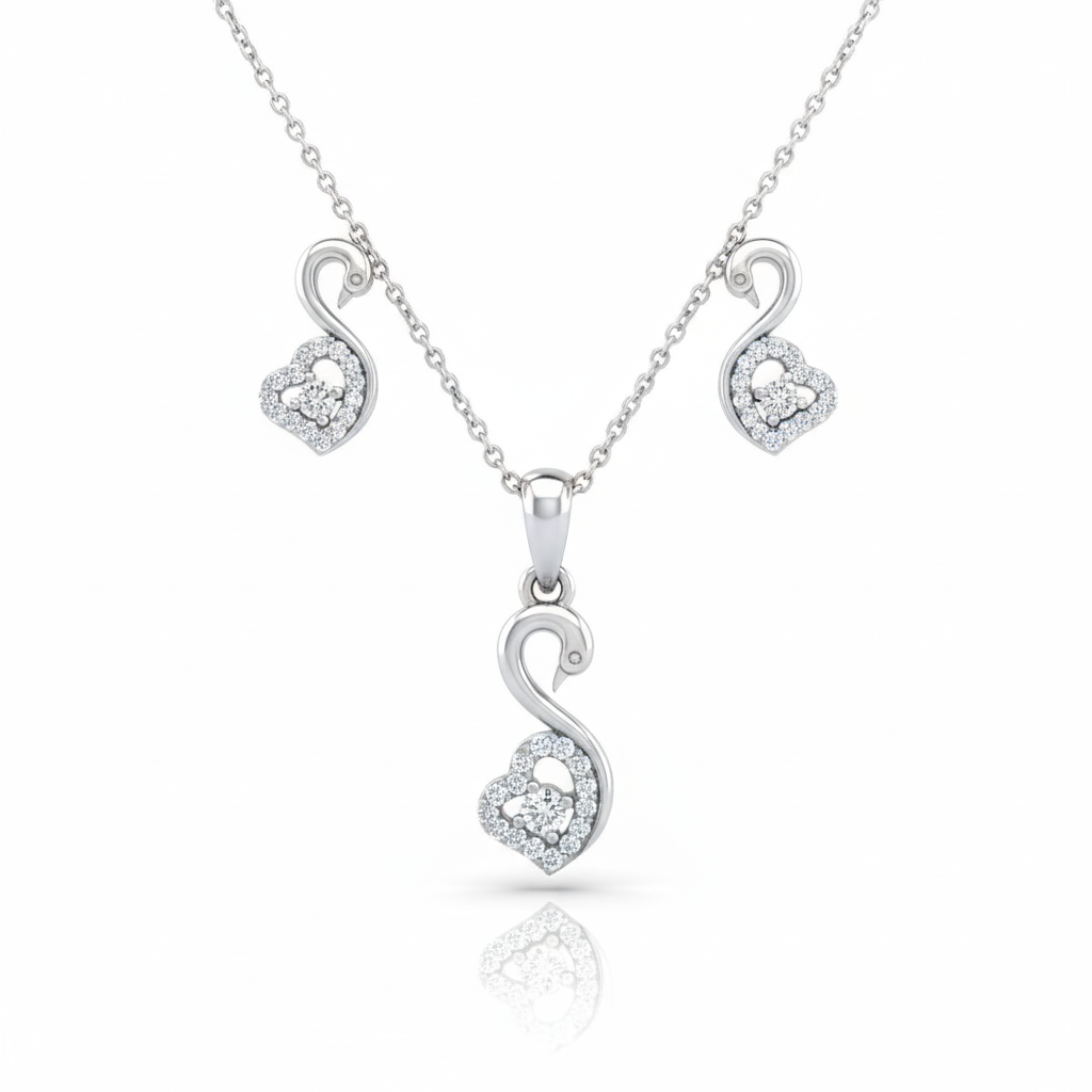 Swan with Zircons heart Sterling Silver Pendant Set