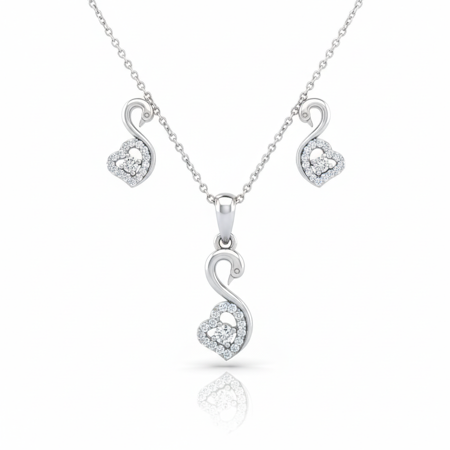 Swan with Zircons heart Sterling Silver Pendant Set