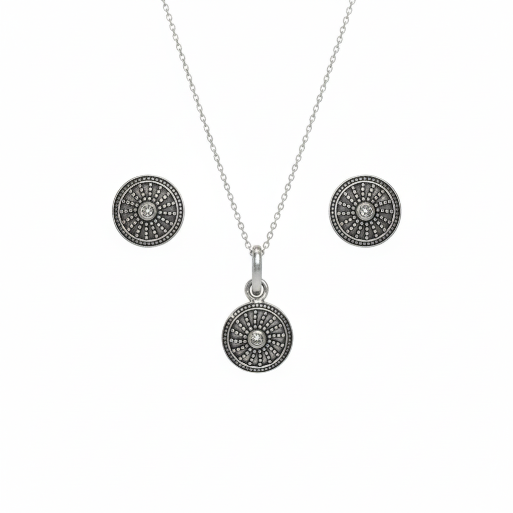 Oxidized Sterling Silver Wheel Pendent Set With Chain For Women
