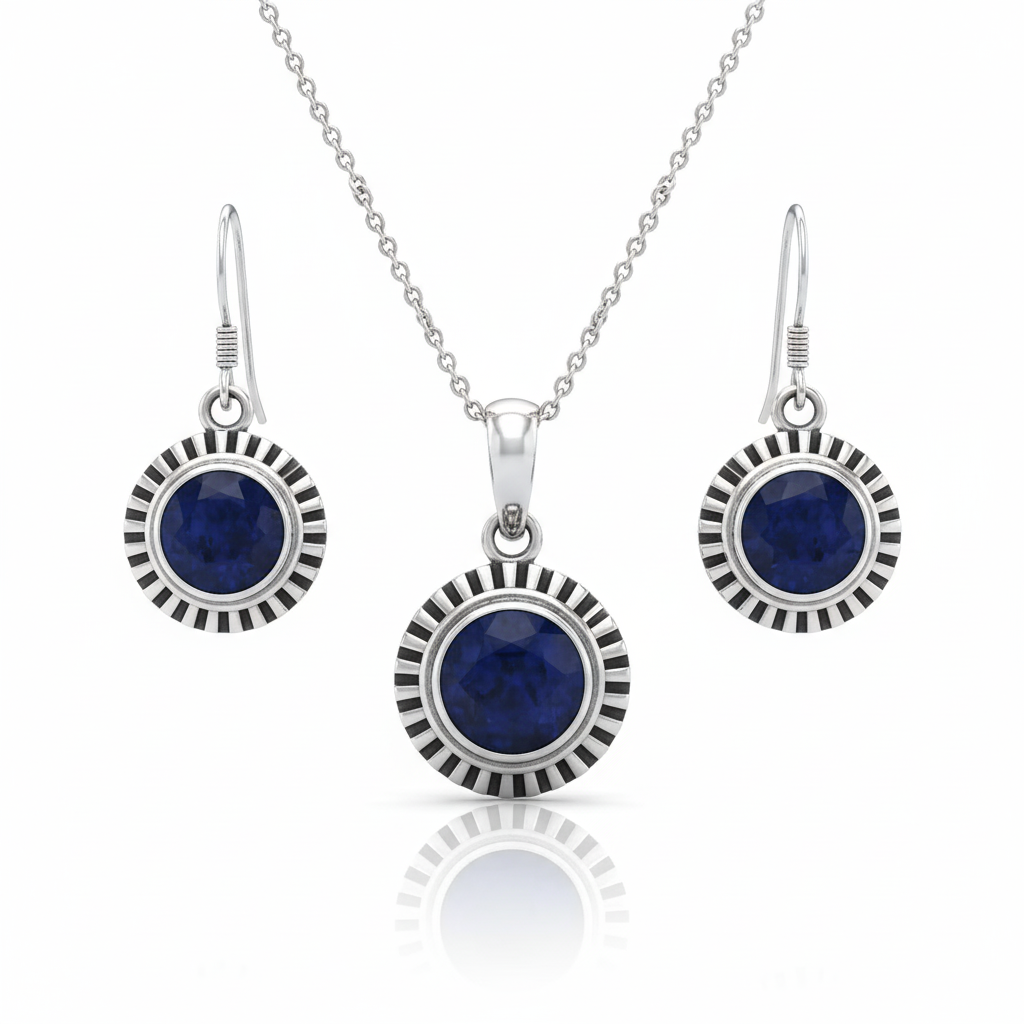 Blue Stone Sunflower Sterling Silver Pendant Set with Chain for Women