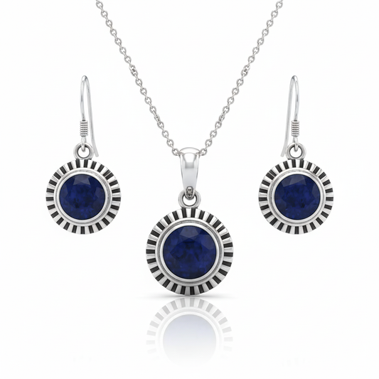 Blue Stone Sunflower Sterling Silver Pendant Set with Chain for Women