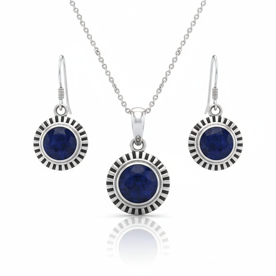 Blue Stone Sunflower Sterling Silver Pendant Set for women
