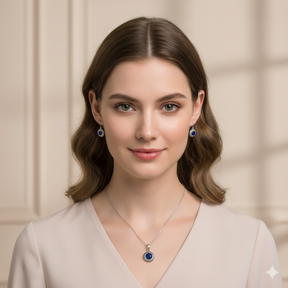 Blue Stone Sunflower Sterling Silver Pendant Set with Chain for Women