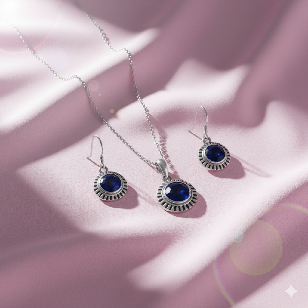 Blue Stone Sunflower Sterling Silver Pendant Set with Chain for Women