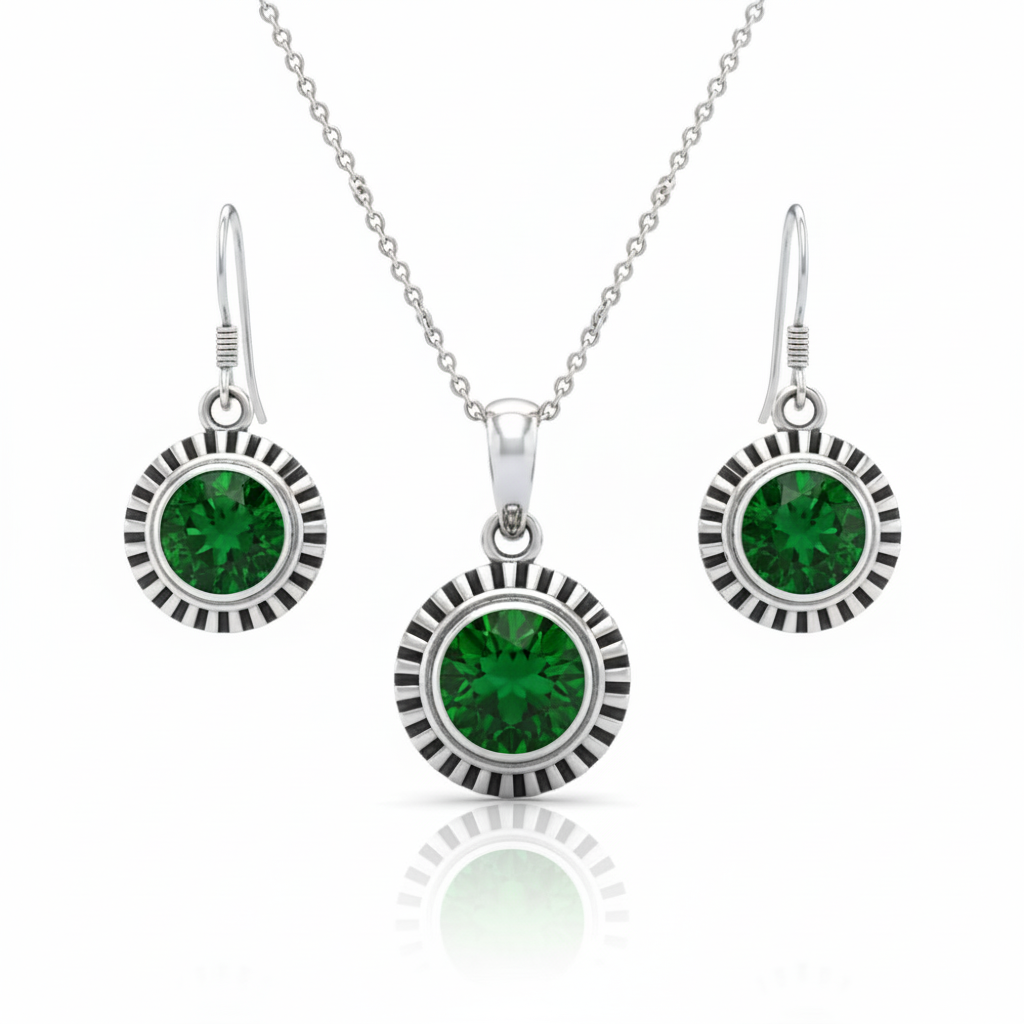 Green Stone Sunflower Pendent Sterling Silver Pendant Set with Chain for Women