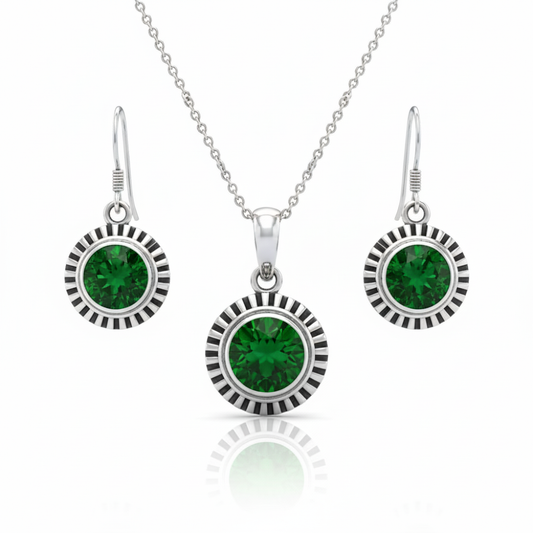 Green Stone Sunflower Pendent Sterling Silver Pendant Set with Chain for Women