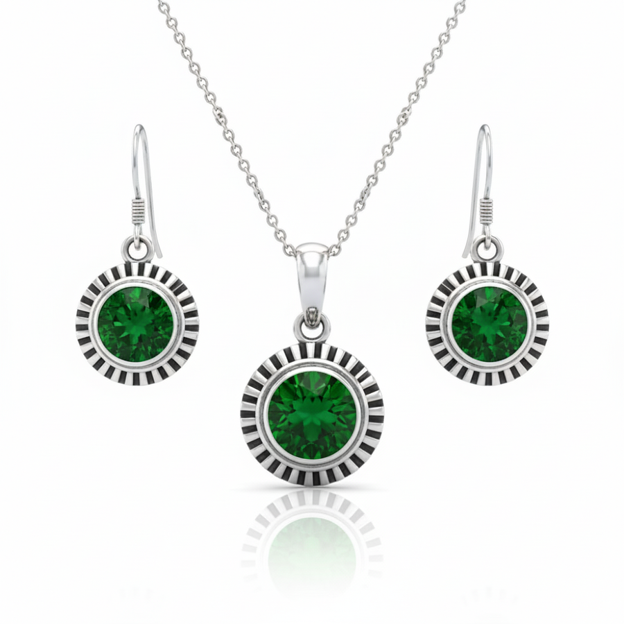 Green Stone Sunflower Pendent Sterling Silver Pendant Set with Chain for Women