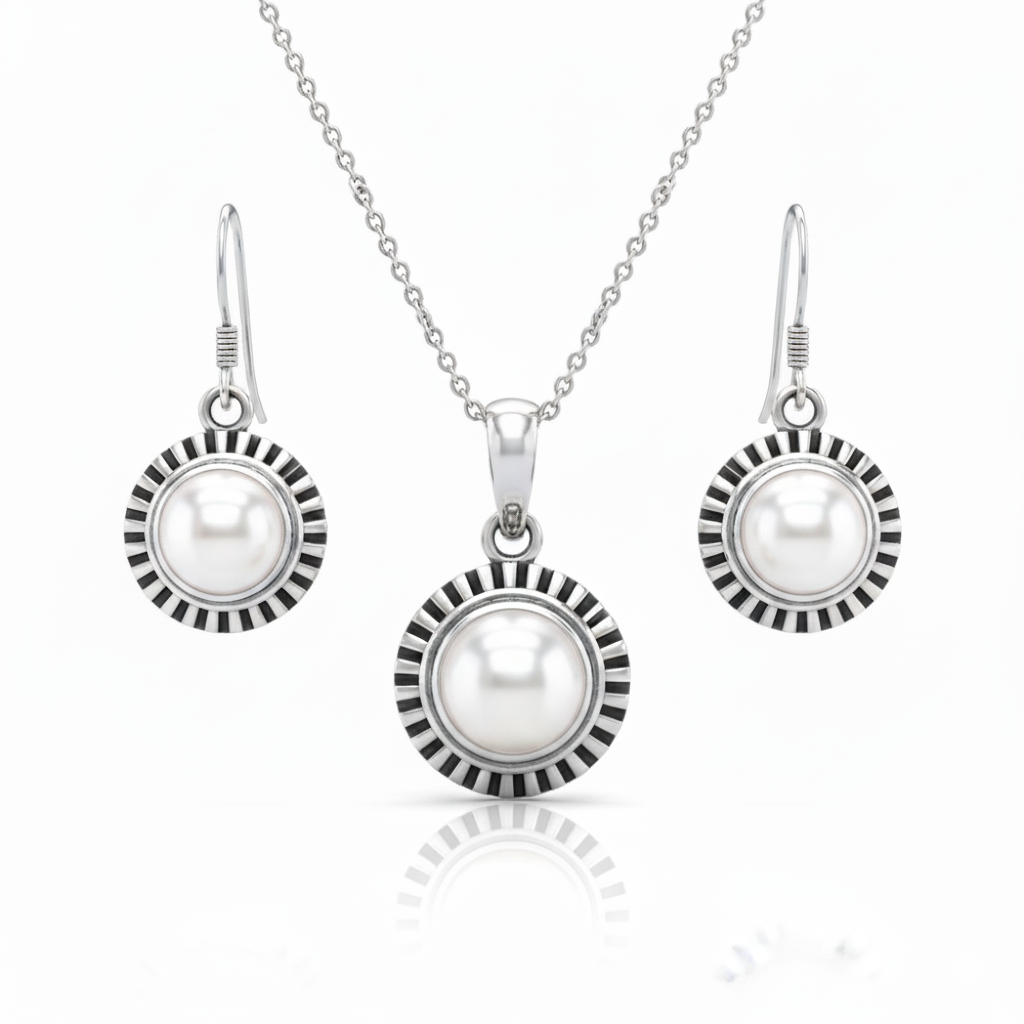 White Stone Sunflower Sterling Silver Pendant Set with Chain for Women