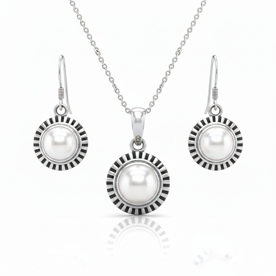 White Stone Sunflower Sterling Silver Pendant Set with Chain for Women