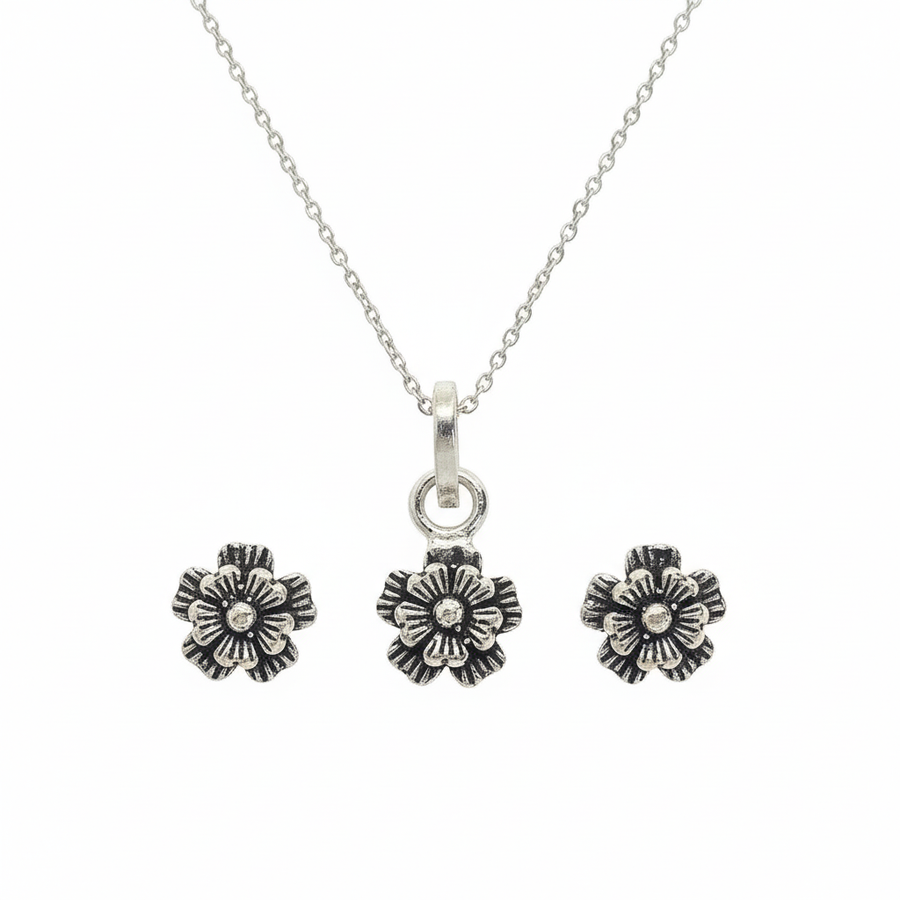 Five Petals Oxidized Sterling Silver Pendent Set With Chain For Women