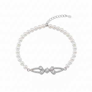Diamond Ribbon Pearl Sterling Silver Bracelet for Women