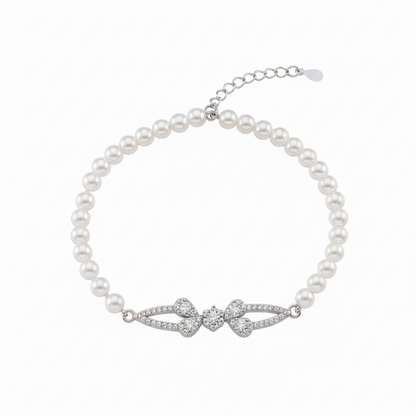 Diamond Ribbon Pearl Sterling Silver Bracelet for Women