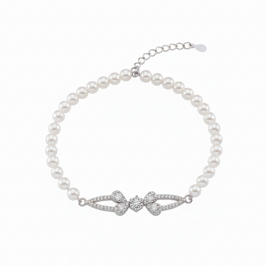 Diamond Ribbon Pearl Sterling Silver Bracelet for Women
