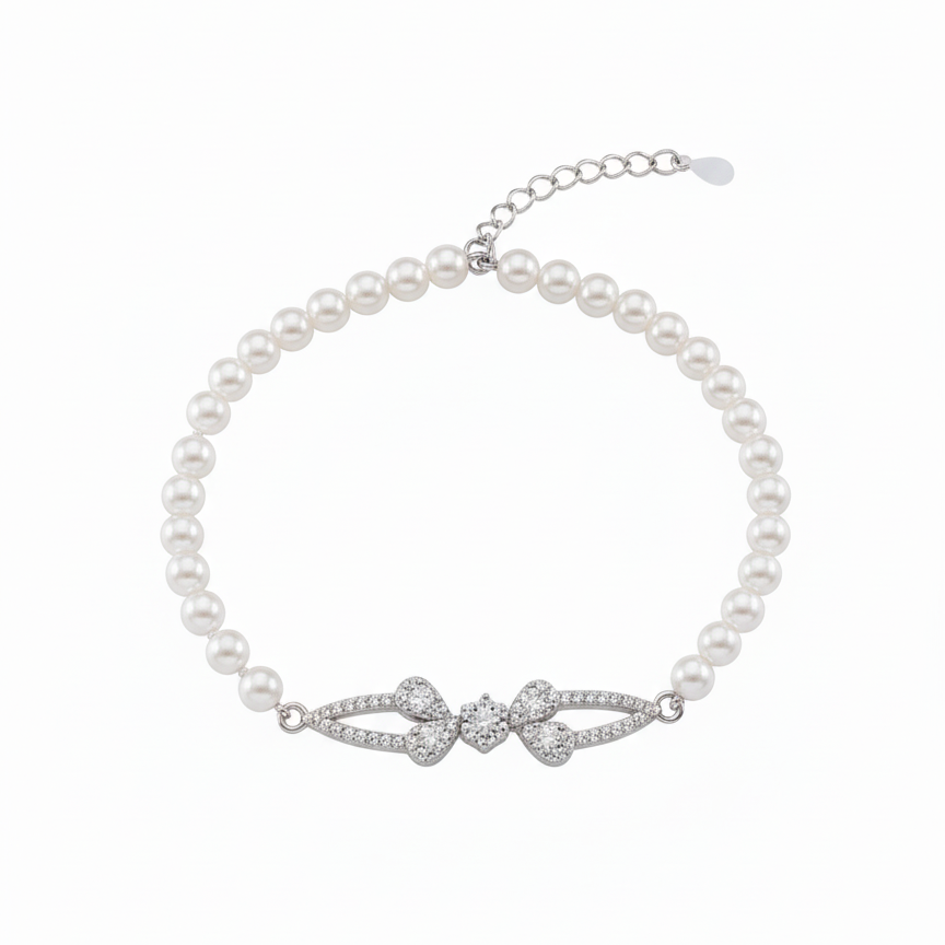 Diamond Ribbon Pearl Sterling Silver Bracelet for Women