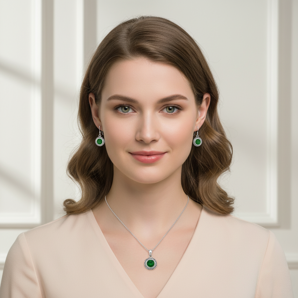 Green Stone Sunflower Pendent Sterling Silver Pendant Set with Chain for Women