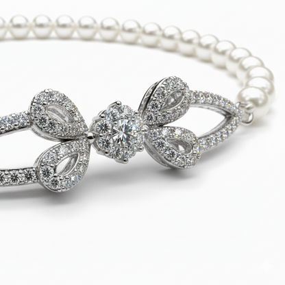 Diamond Ribbon Pearl Sterling Silver Bracelet for Women