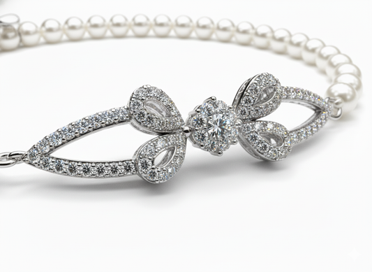 Diamond Ribbon Pearl Sterling Silver Bracelet for Women