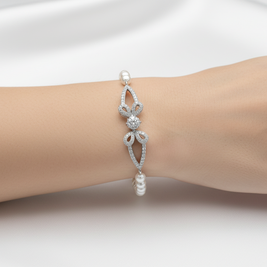 Diamond Ribbon Pearl Sterling Silver Bracelet for Women